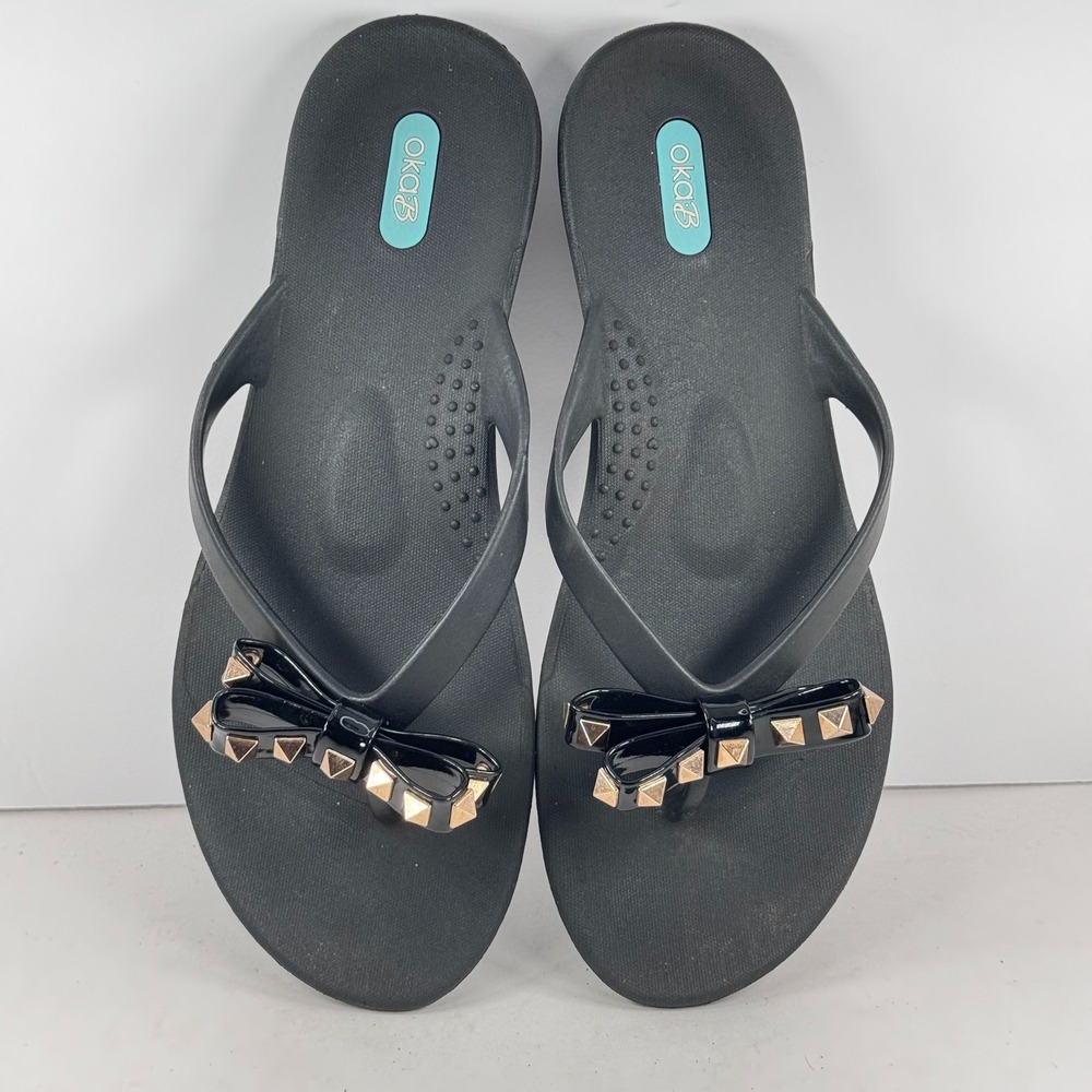 Oka-B Black Studded Bow Flip Flops Thong Sandals Rose Gold Studs US 9 EU 39